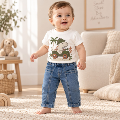 Bebé usando camiseta blanca estampada con dinosaurio y pantalón azul