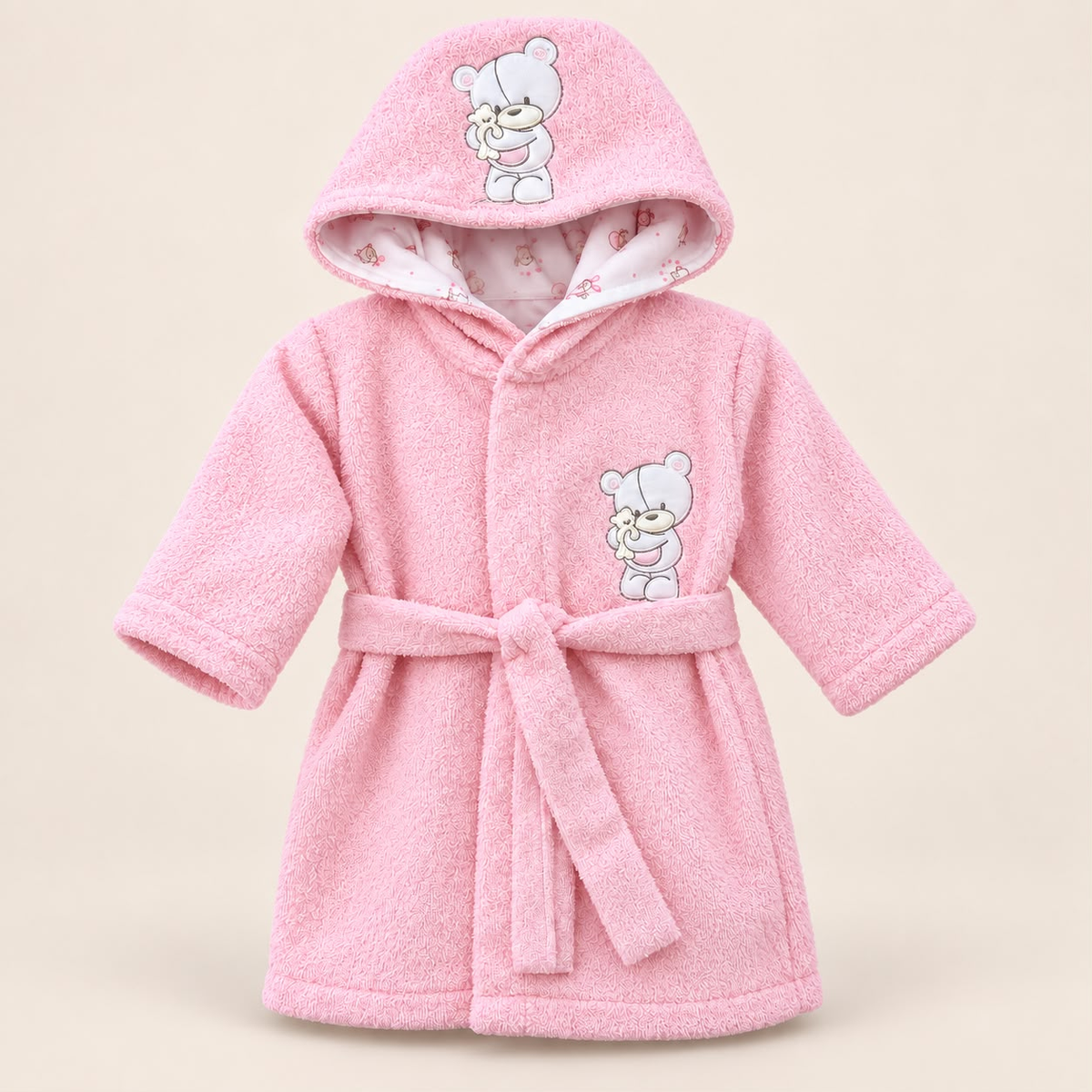 Bata de baño rosada para bebé con capucha de osito y cinturón para anudar