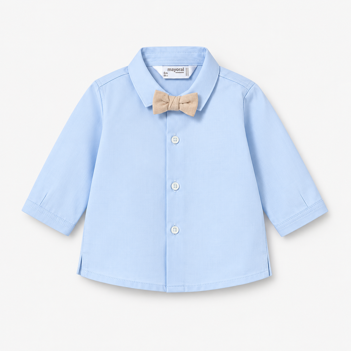 Camisa Mayoral azul claro de manga larga con pajarita beige para recién nacido