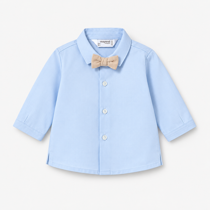Camisa Mayoral azul claro de manga larga con pajarita beige para recién nacido