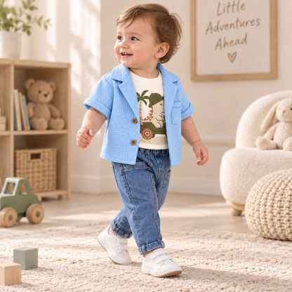 Bebé usando chaqueta azul de manga corta y pantalón largo a juego