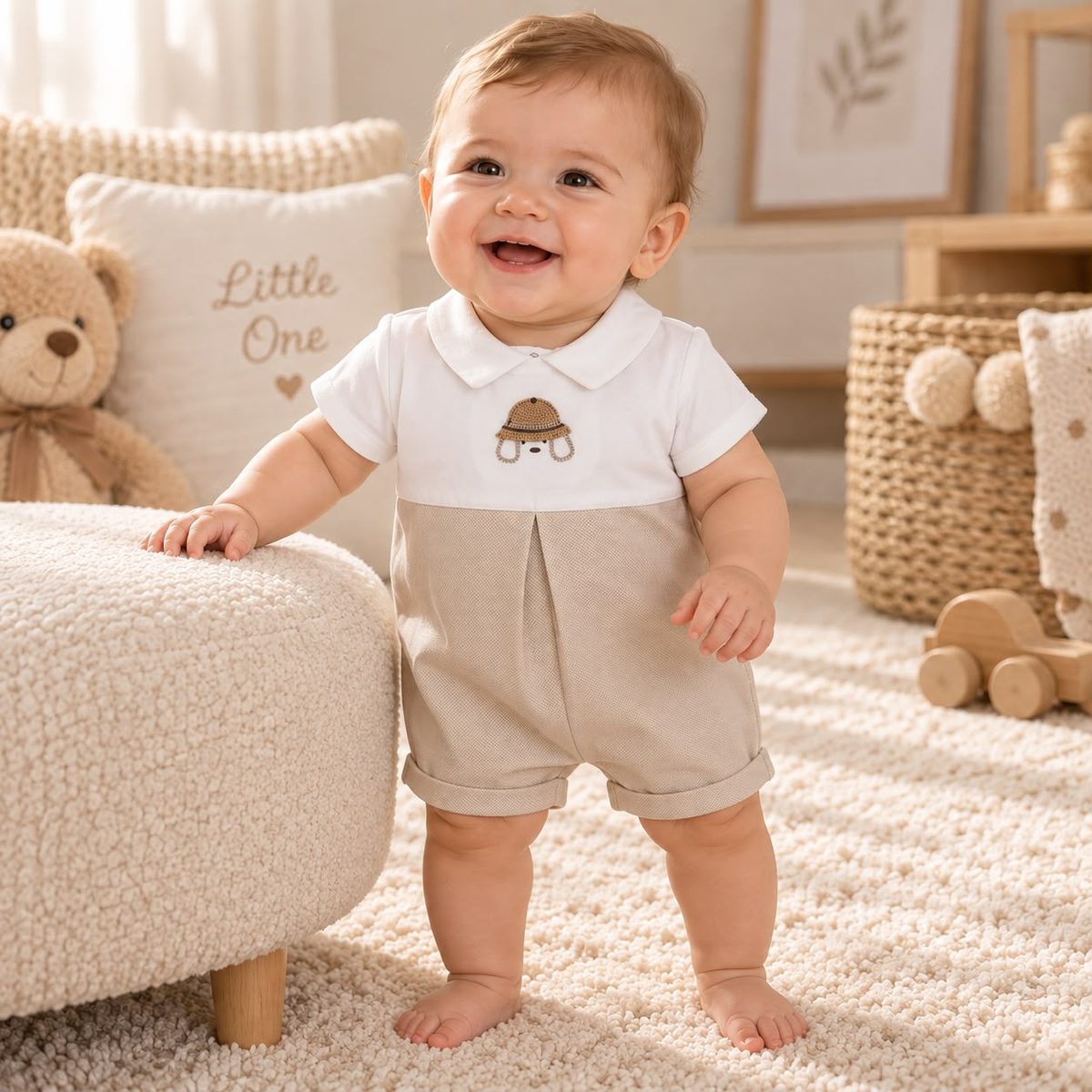 Bebé usando conjunto blanco y beige con cuello tipo polo y short