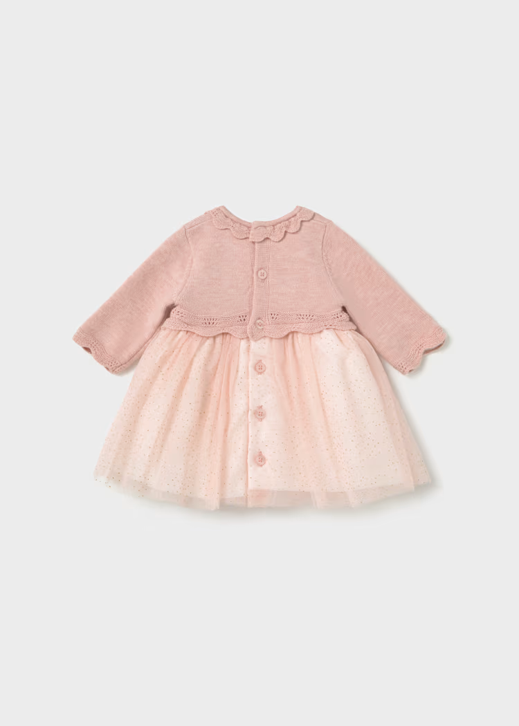 Vista posterior de vestido rosa empolvado con falda de tul y cierre de botones para recién nacida