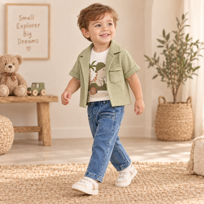 Niño usando conjunto infantil de tres piezas con sobrecamisa verde oliva, camiseta de dinosaurio y pantalón jean azul
