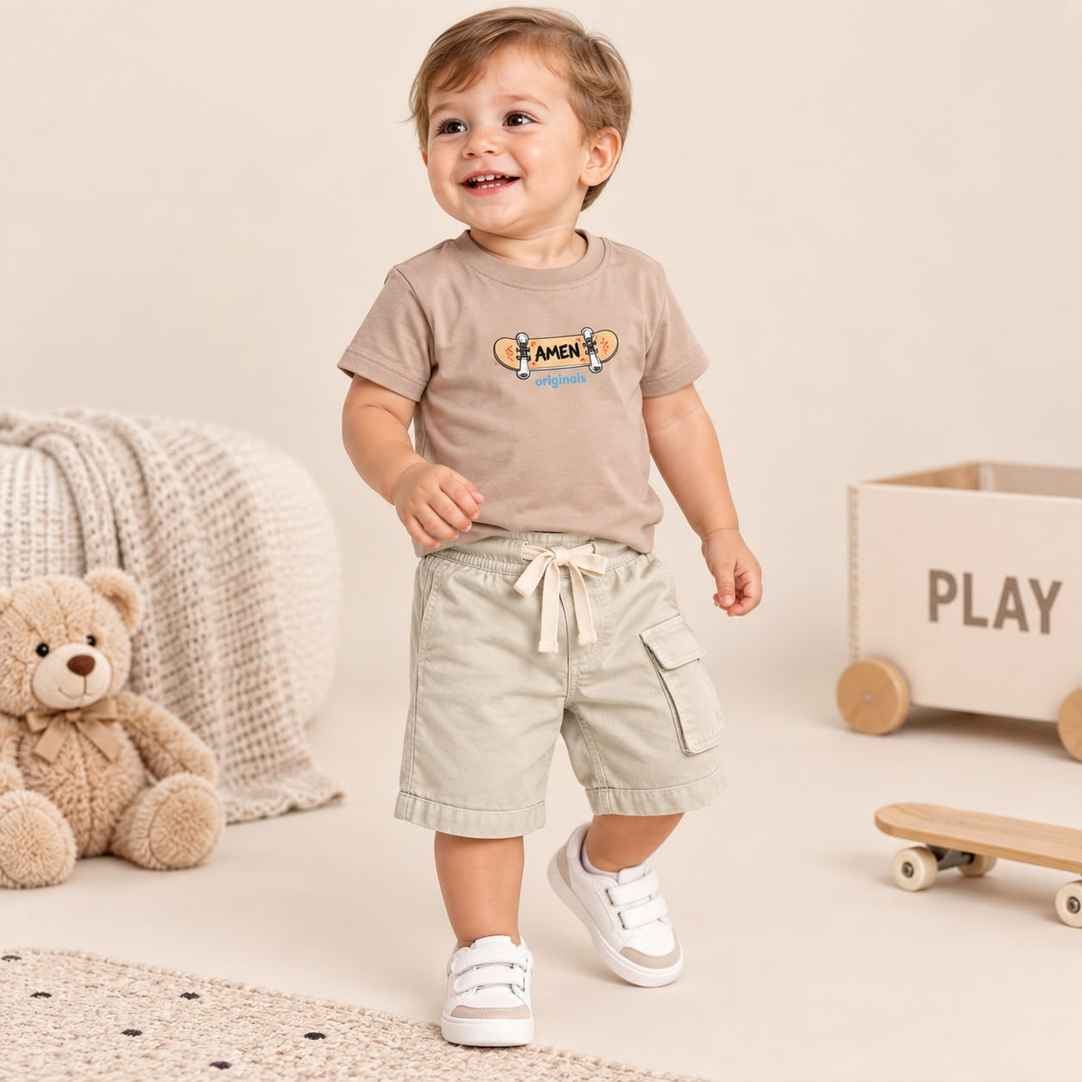 Niño usando conjunto rosa empolvado y beige claro con camiseta estampada y short cargo