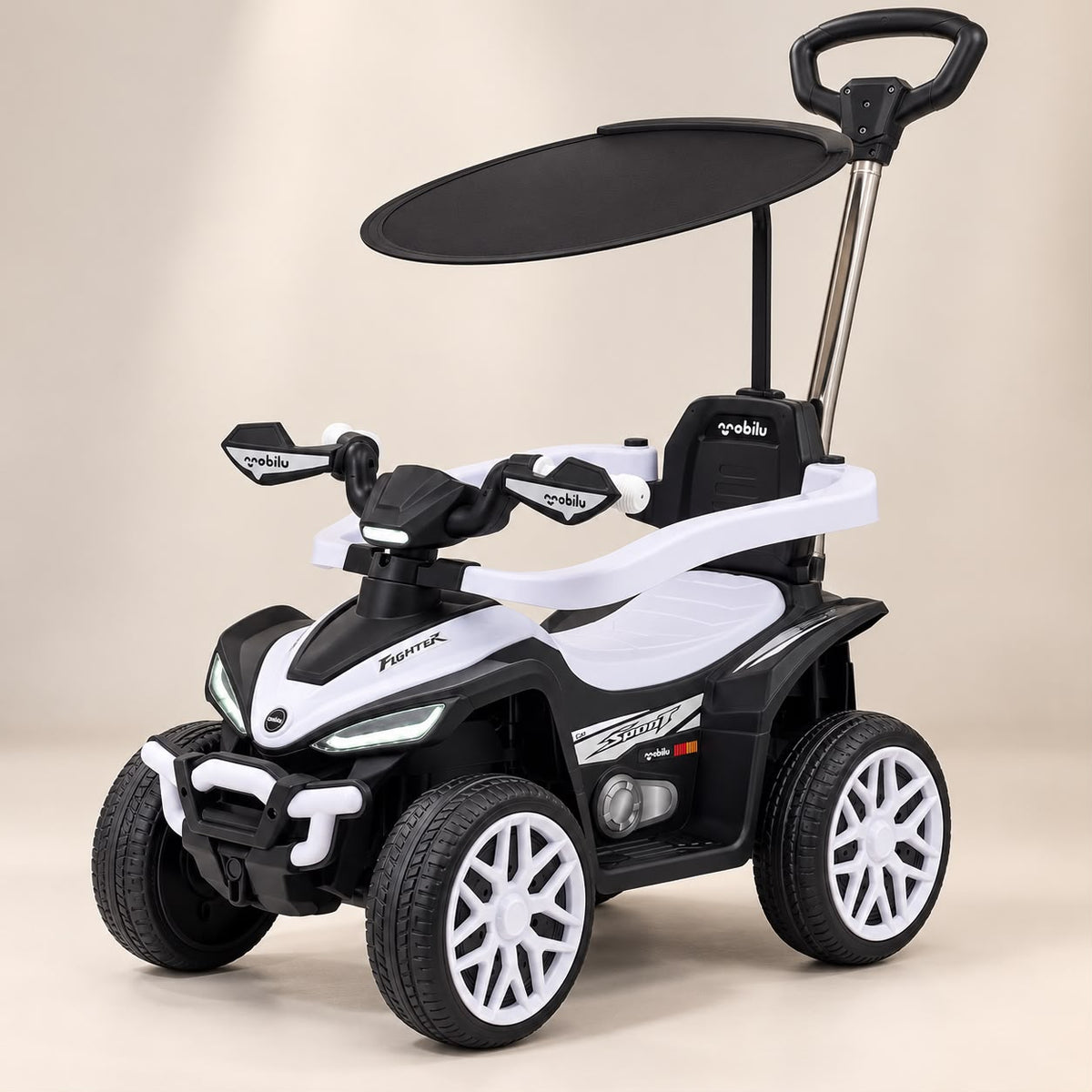 Cuatrimoto infantil BOSS blanca con techo y mango de empuje – Mara Baby