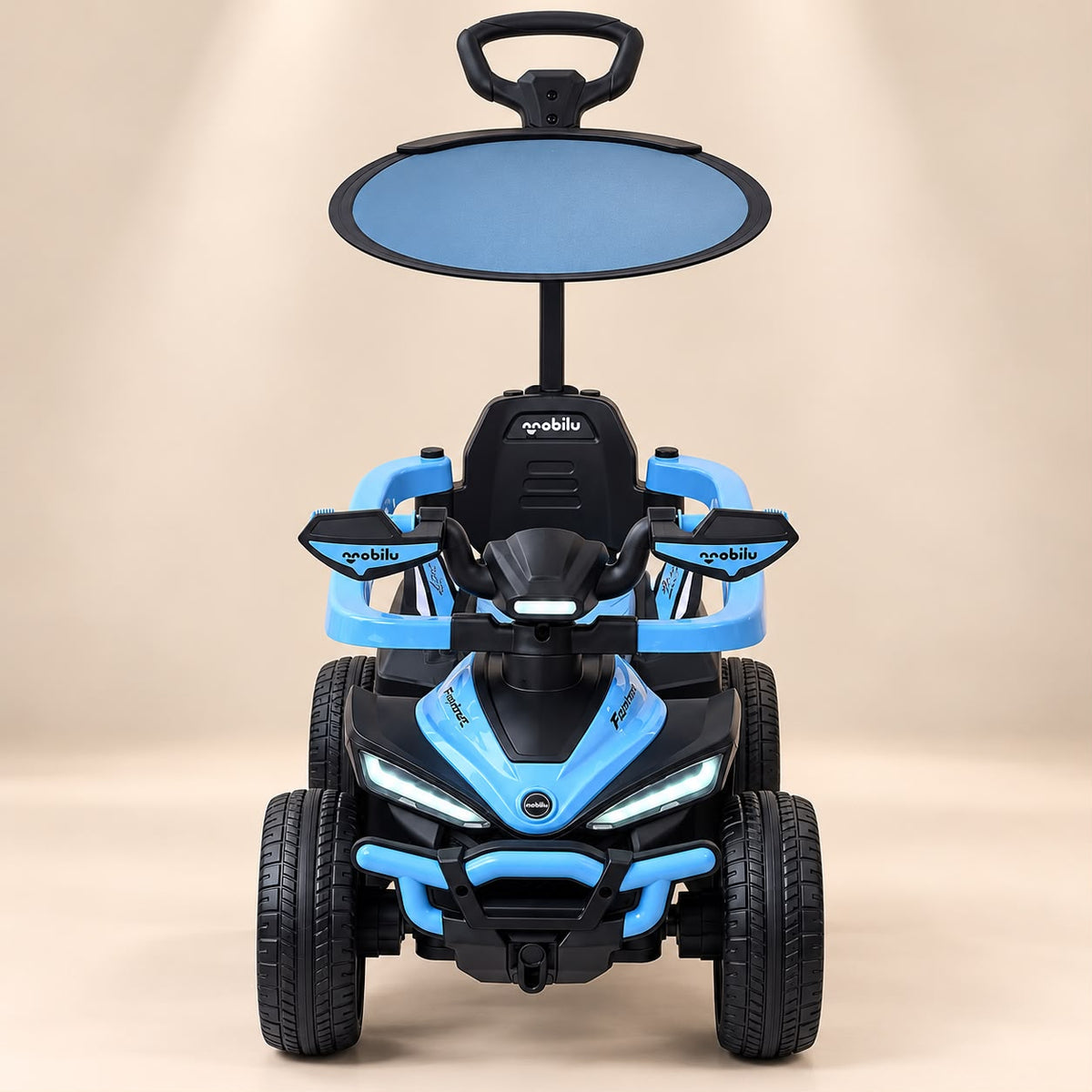 Cuatrimoto infantil BOSS azul con techo y mango de empuje