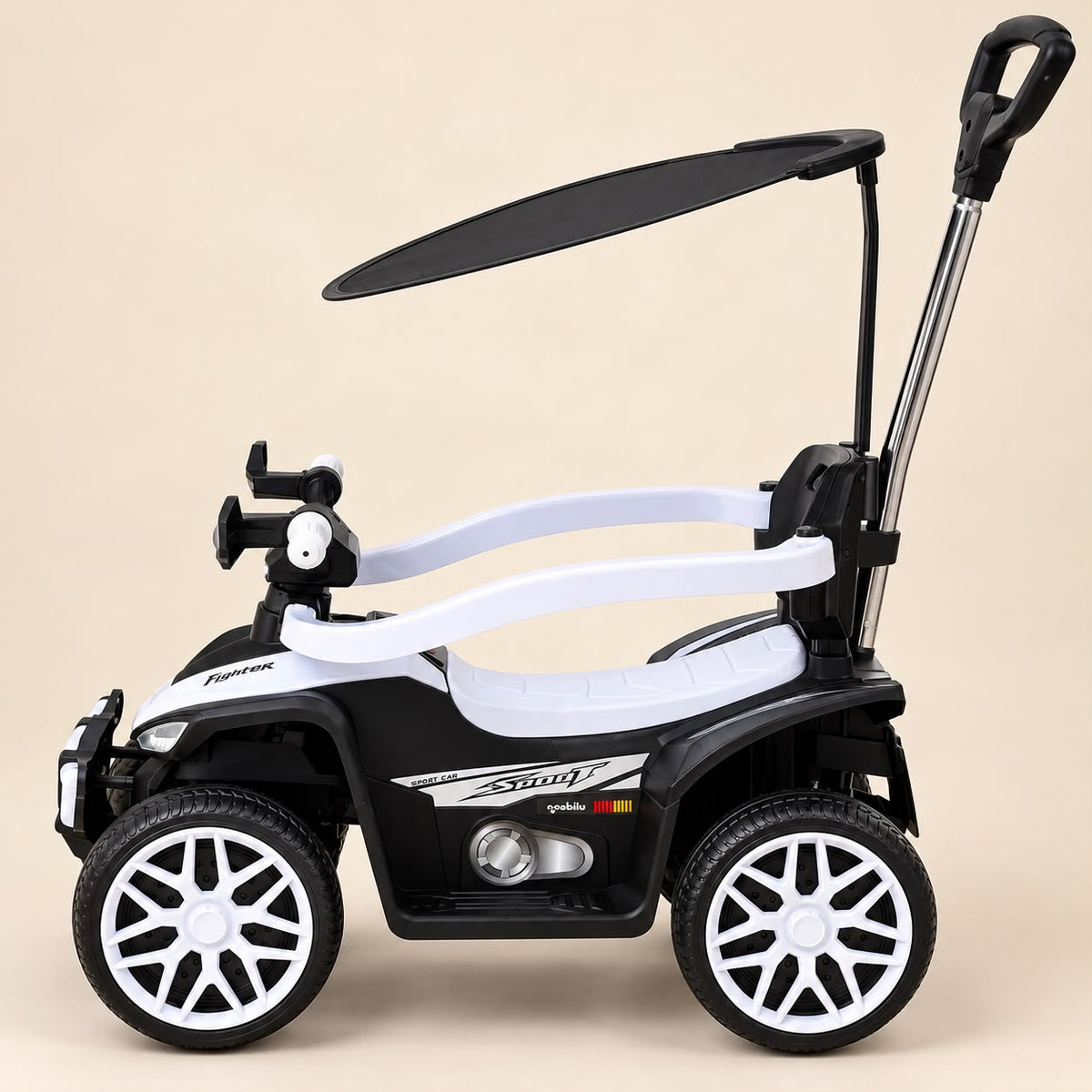 Cuatrimoto infantil BOSS blanca con techo y mango de empuje – Mara Baby