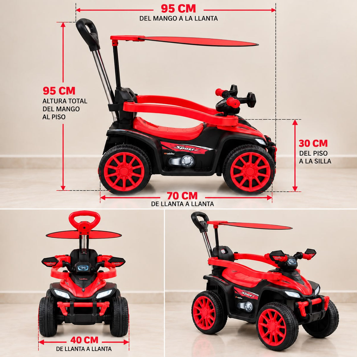 Cuatrimoto infantil BOSS roja con techo y mango de empuje
