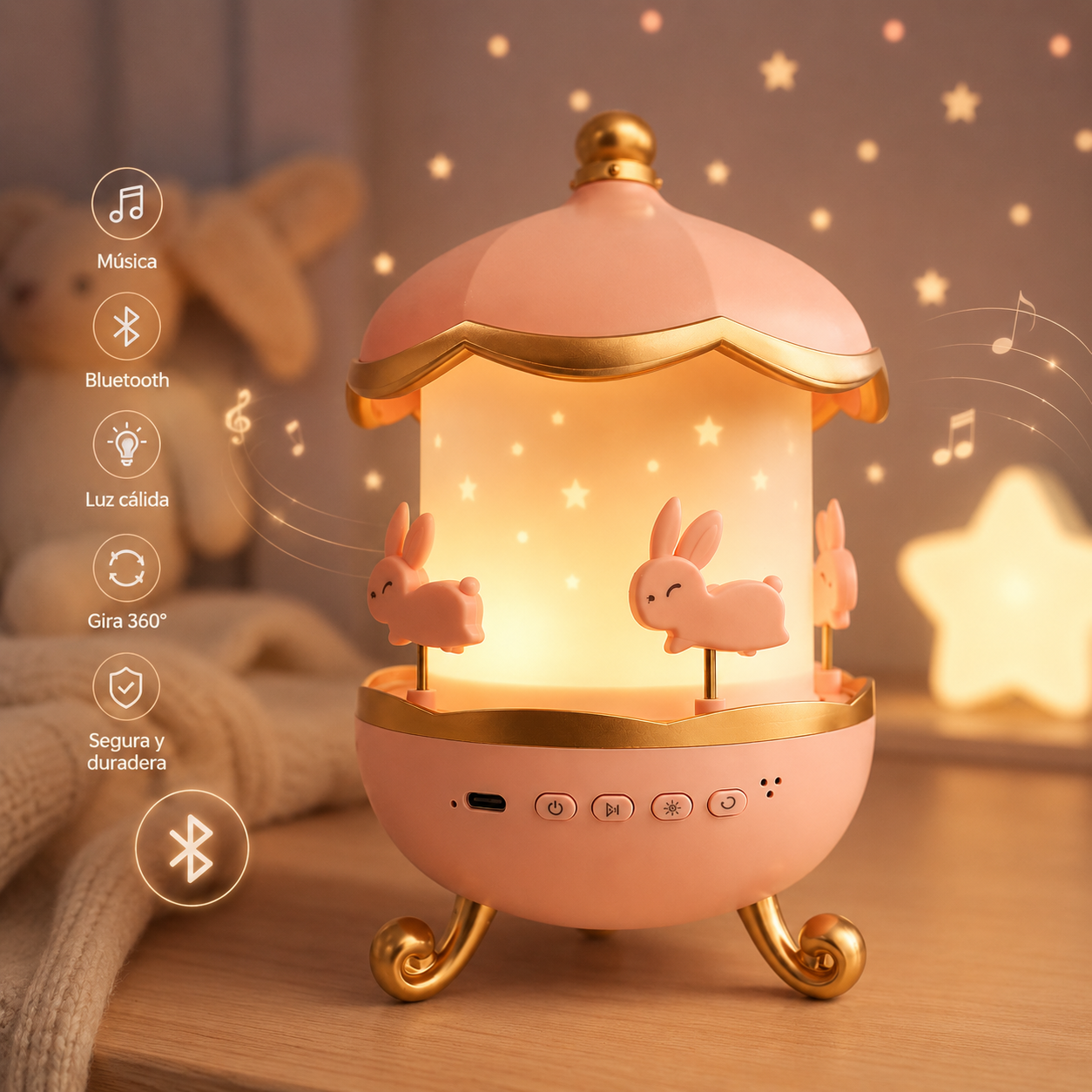 ⭕️Caja Musical Giratoria con Bluetooth y Luz Cálida – Carrusel de Conejos para Bebés y Niños