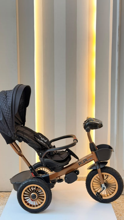 Triciclo Pupi Kids cobrizo y negro con capota y tres ruedas, vista frontal