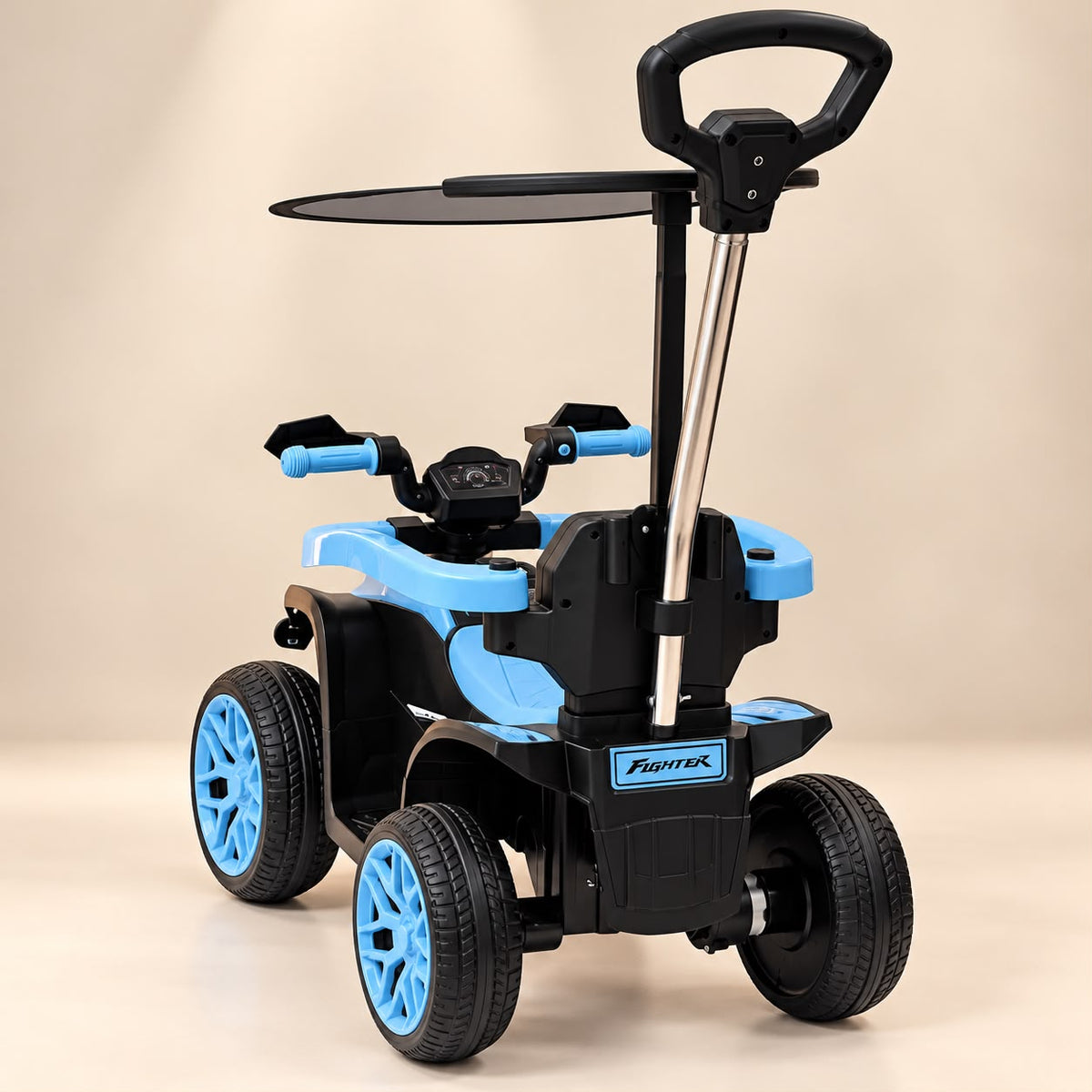 Cuatrimoto infantil BOSS azul con techo y mango de empuje