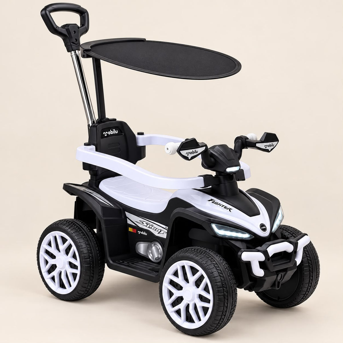 Cuatrimoto infantil BOSS blanca con techo y mango de empuje – Mara Baby