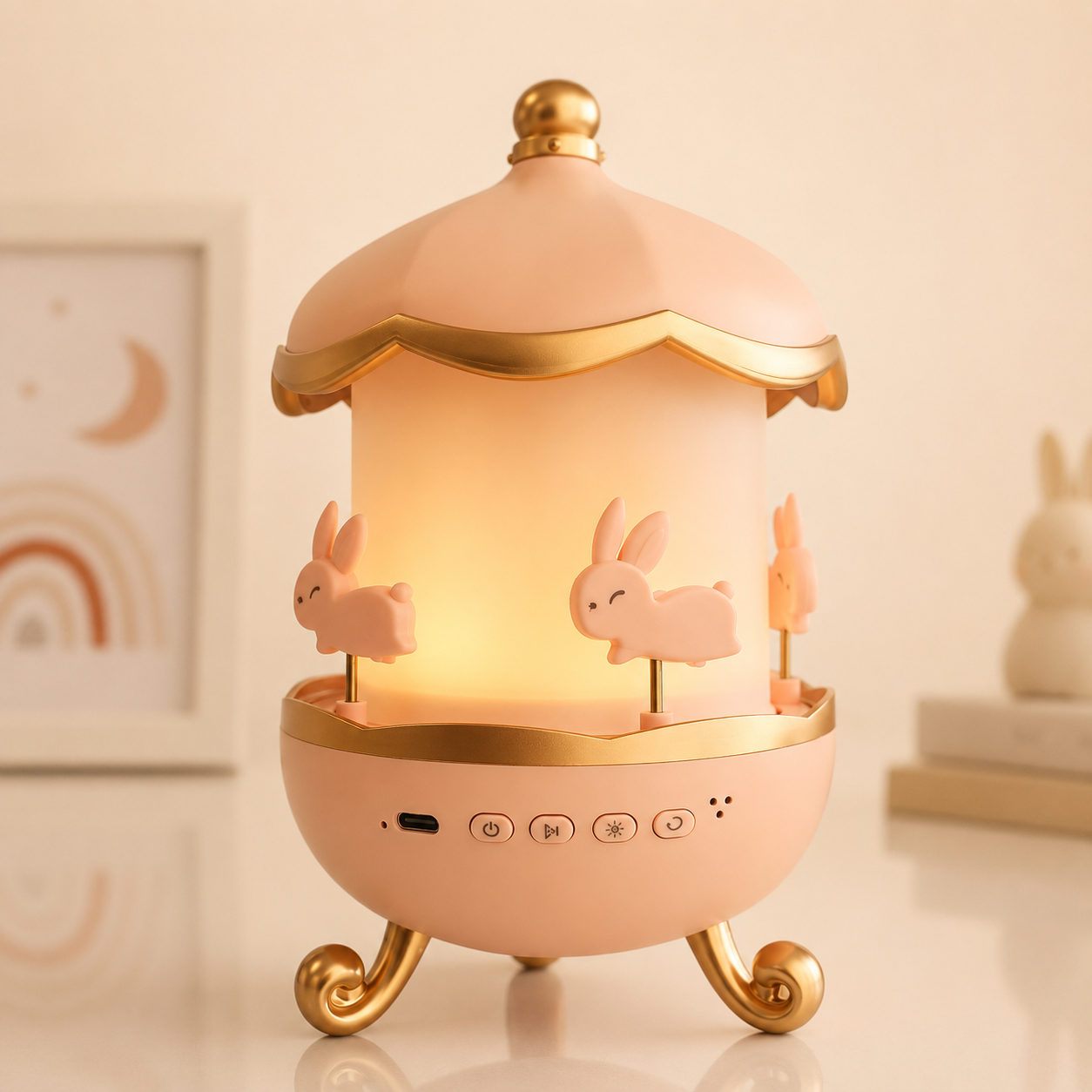 ⭕️Caja Musical Giratoria con Bluetooth y Luz Cálida – Carrusel de Conejos para Bebés y Niños