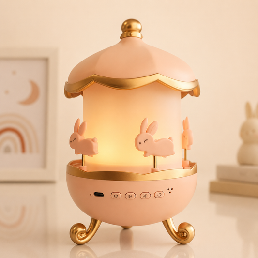 ⭕️Caja Musical Giratoria con Bluetooth y Luz Cálida – Carrusel de Conejos para Bebés y Niños