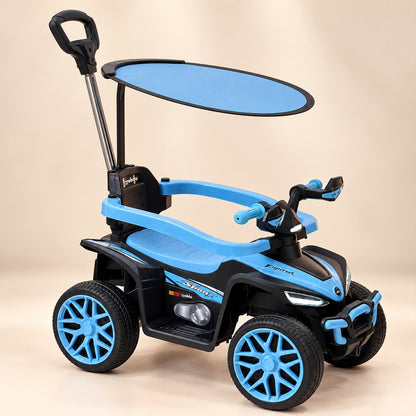 Cuatrimoto infantil BOSS azul con techo y mango de empuje
