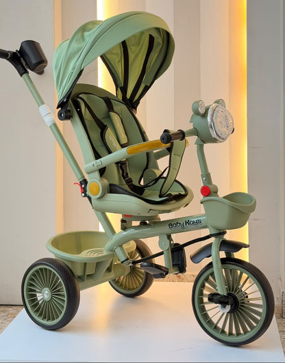 Triciclo Mickey verde salvia con capota y manija de empuje