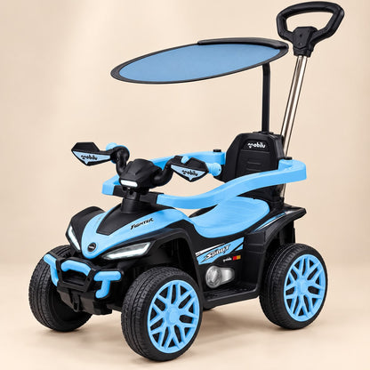 Cuatrimoto infantil BOSS azul con techo y mango de empuje