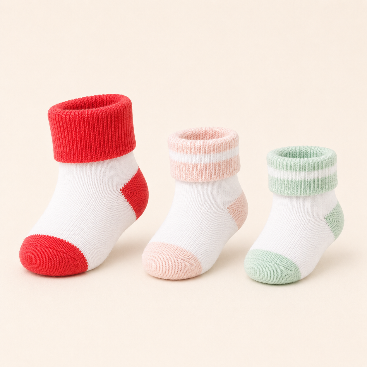 ⭕️Set x3 Medias de Bebé con Puño – Roja, Rosa y Verde con Blanco