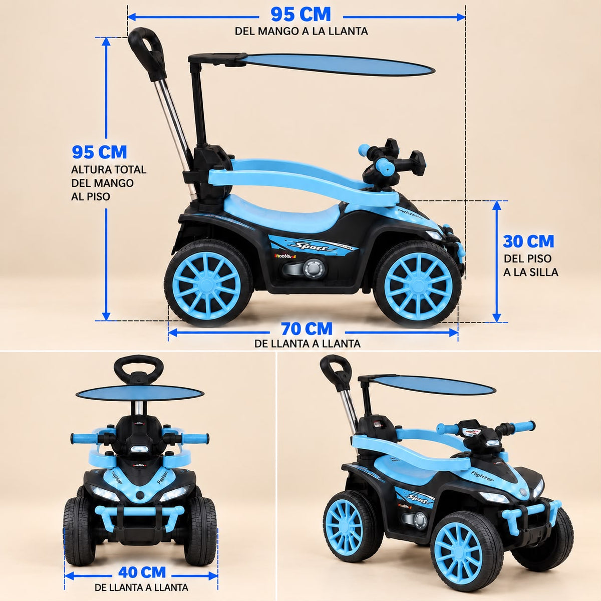 Cuatrimoto infantil BOSS azul con techo y mango de empuje
