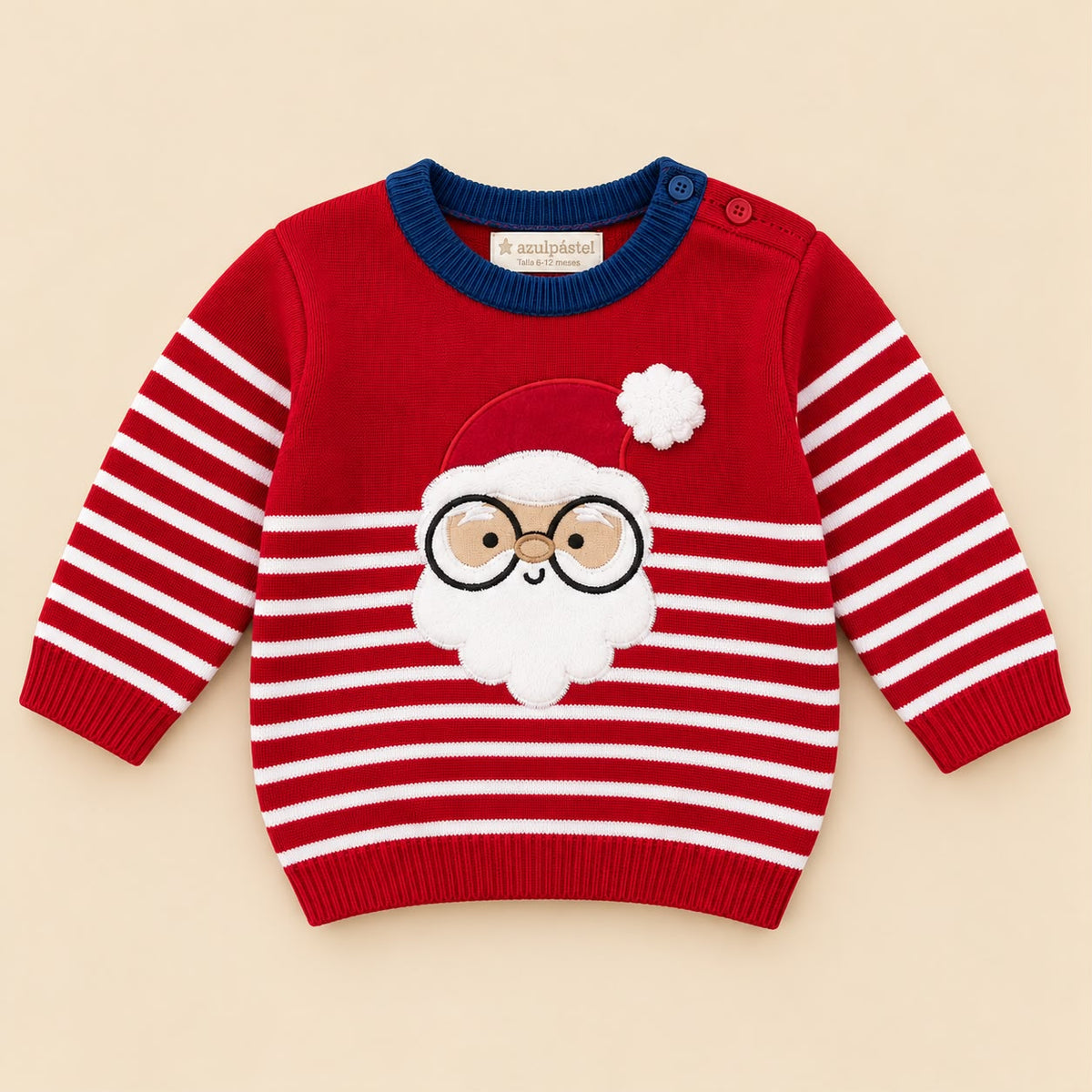 Suéter navideño tejido rojo para bebé con aplique de Papá Noel, vista frontal