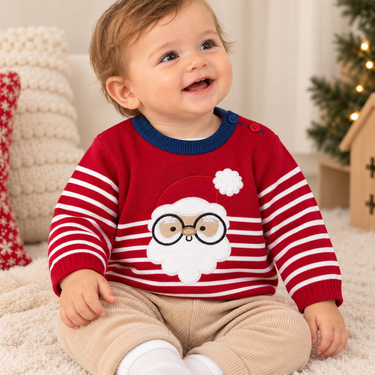 Bebé usando suéter navideño tejido rojo con aplique de Papá Noel
