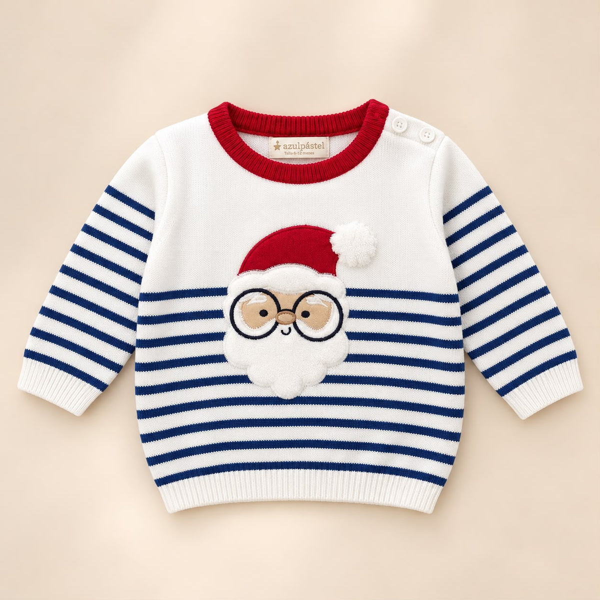 Suéter navideño unisex blanco con rayas azul marino y aplique de Papá Noel