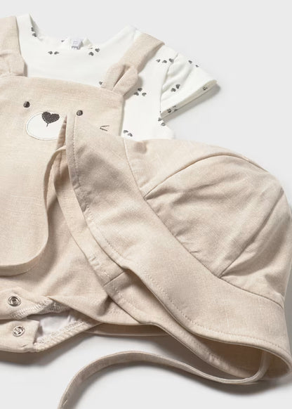 VESTIDO PETO SIMULADO CON GORRO PARA RECIEN NACIDA