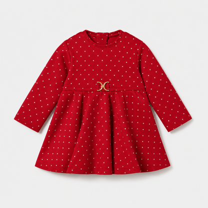 Vestido rojo de manga larga para bebé niña con lunares dorados y aplique metálico en la cintura, vista frontal