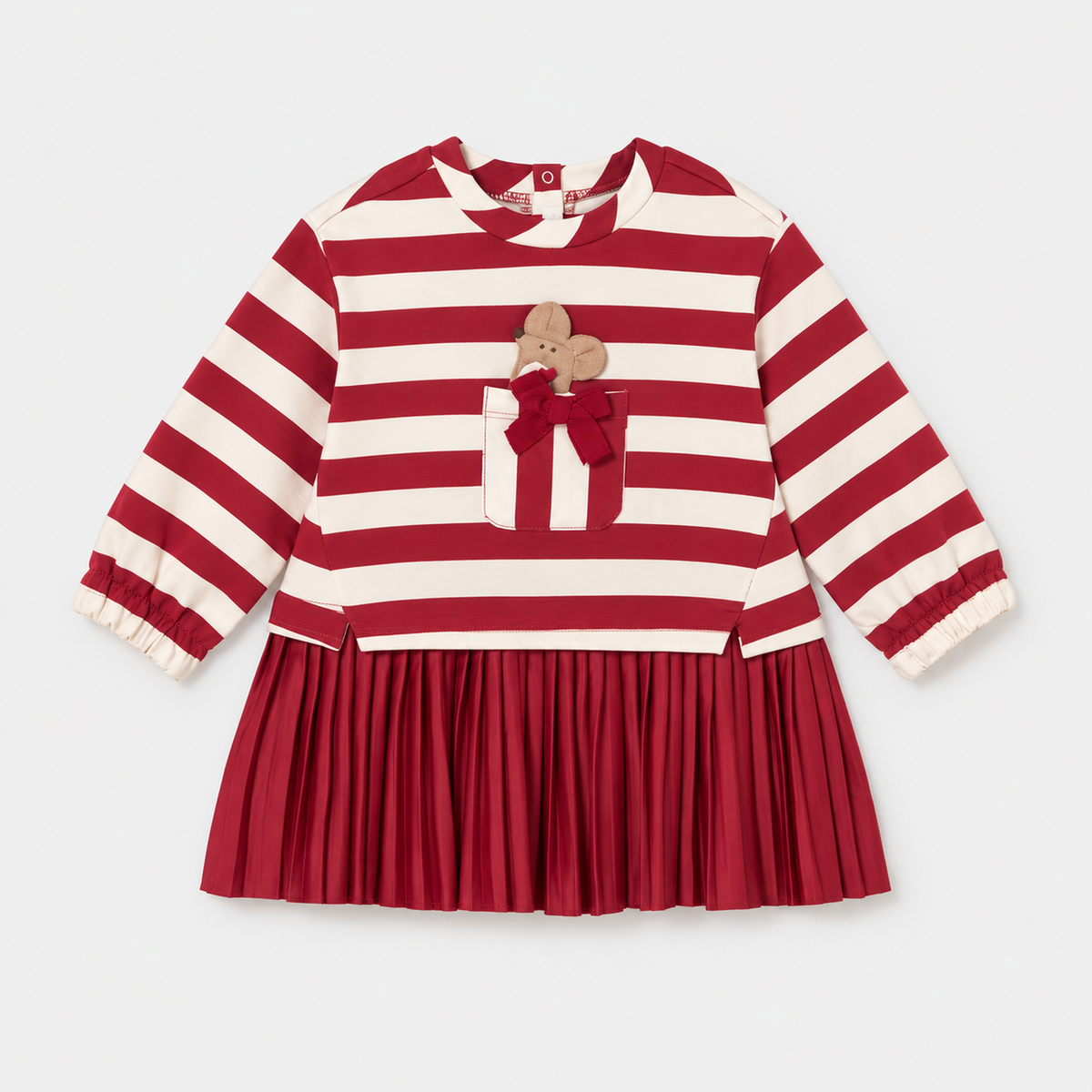 Vestido combinado de felpa para bebé Rooibos, vista frontal con rayas y falda plisada
