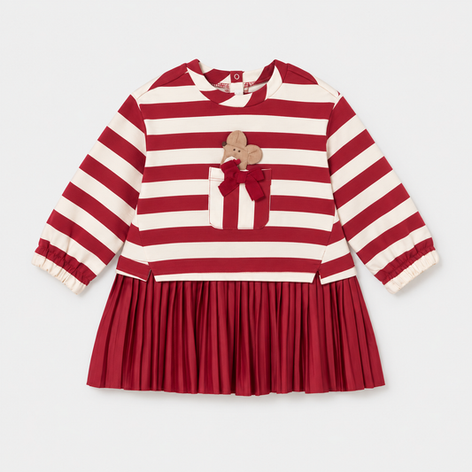 Vestido combinado de felpa para bebé Rooibos, vista frontal con rayas y falda plisada
