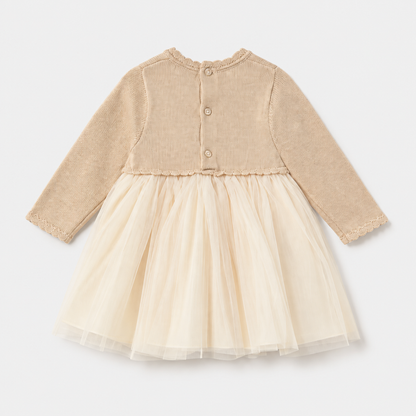 Vestido combinado de punto vigoré hojaldre y tul para bebé niña con botones en la espalda, vista posterior