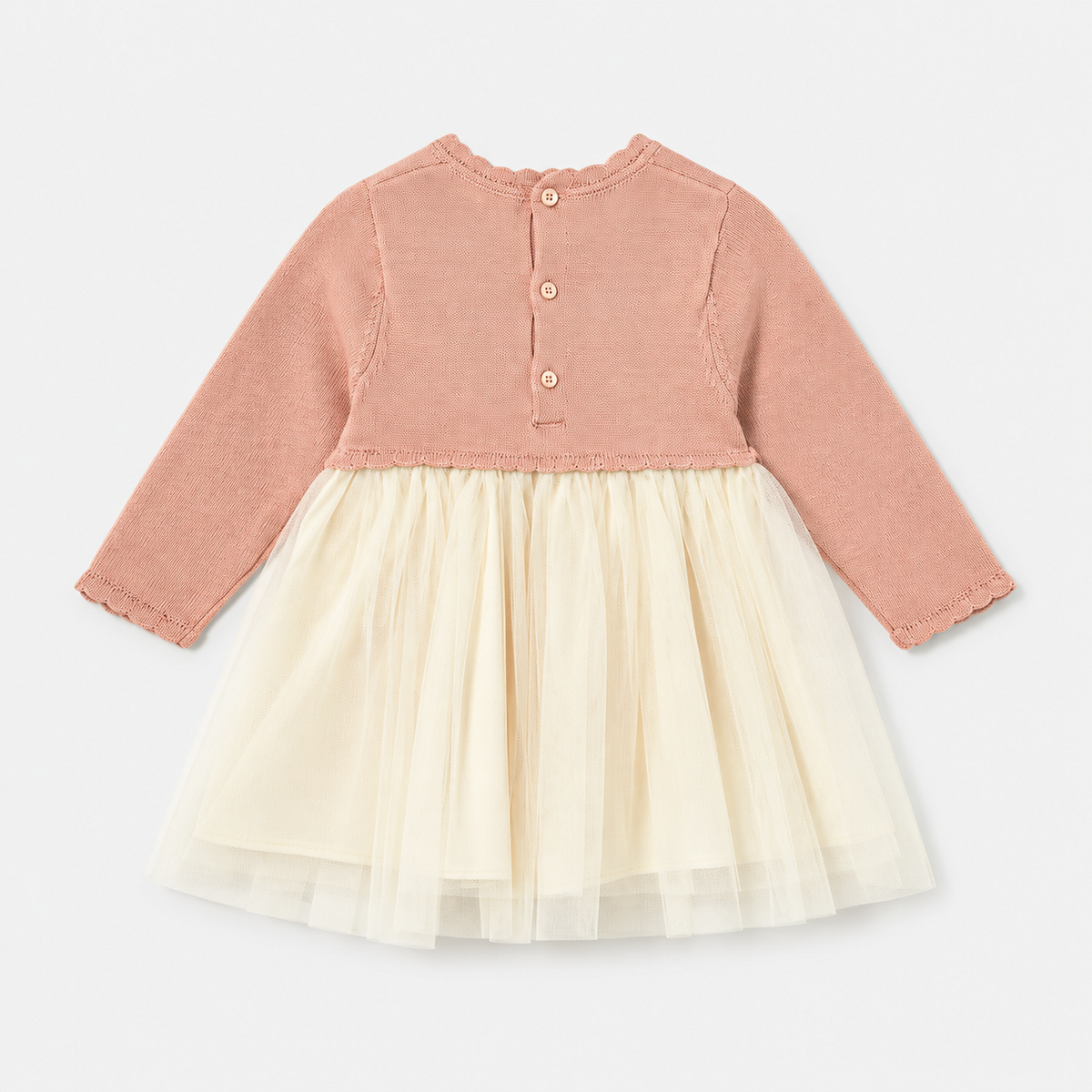 Vestido combinado de punto petisui y tul para bebé niña con botones en la espalda, vista posterior