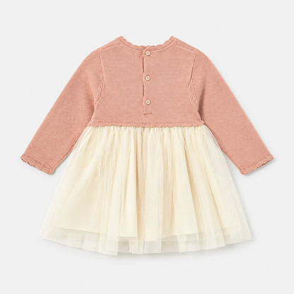 Vestido combinado de punto petisui y tul para bebé niña con botones en la espalda, vista posterior