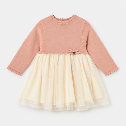 Vestido combinado para bebé niña con top de punto color petisui y falda de tul, vista frontal