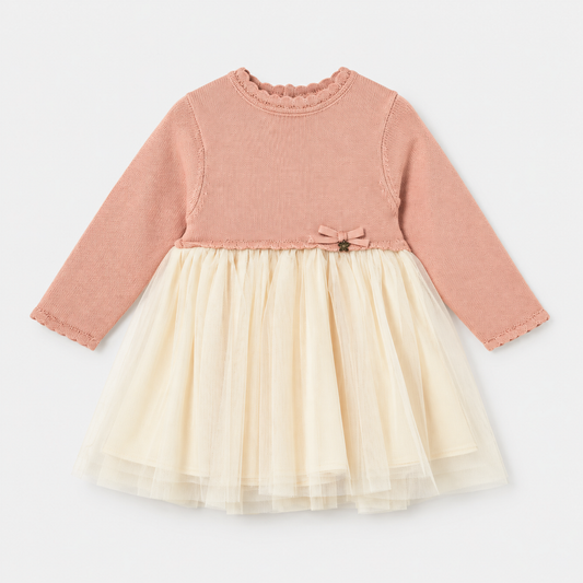Vestido combinado para bebé niña con top de punto color petisui y falda de tul, vista frontal